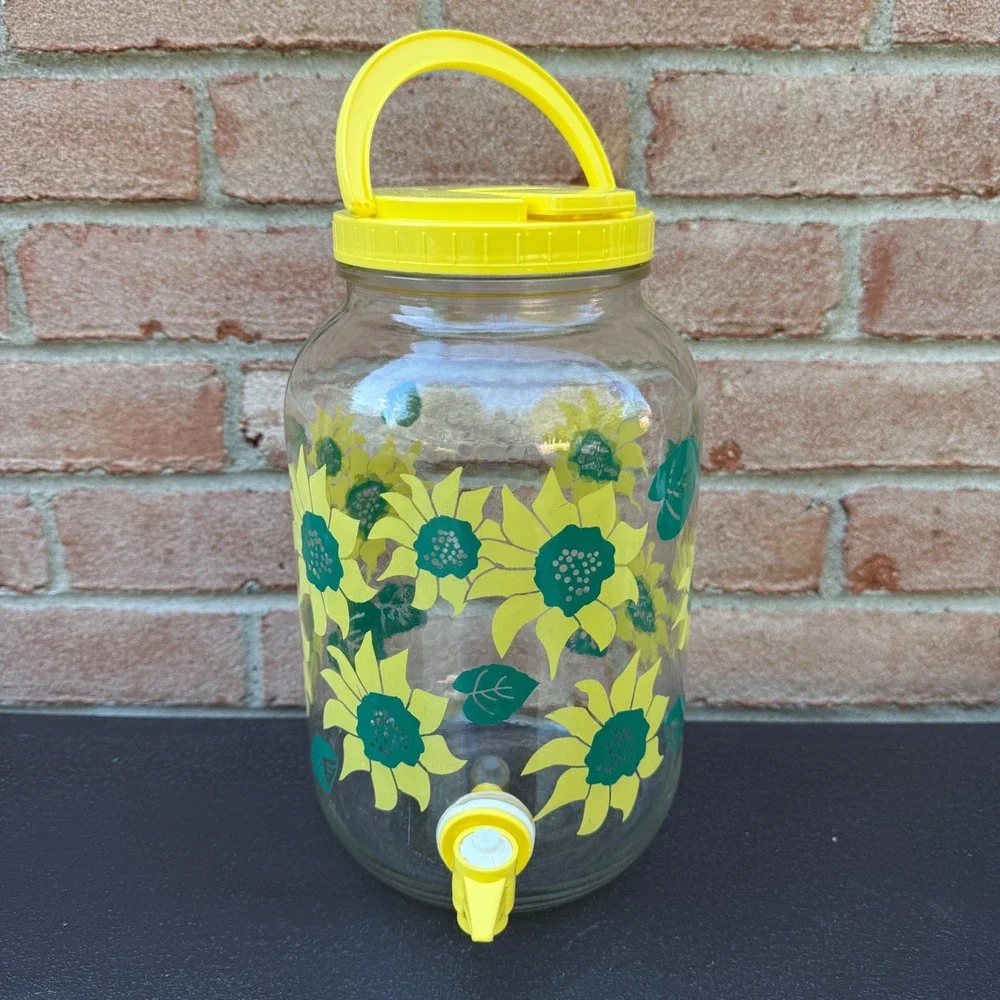 Vintage 80s Sunflower 1 Gallon Glass Sun Tea Jar Drink Dispenser Yellow